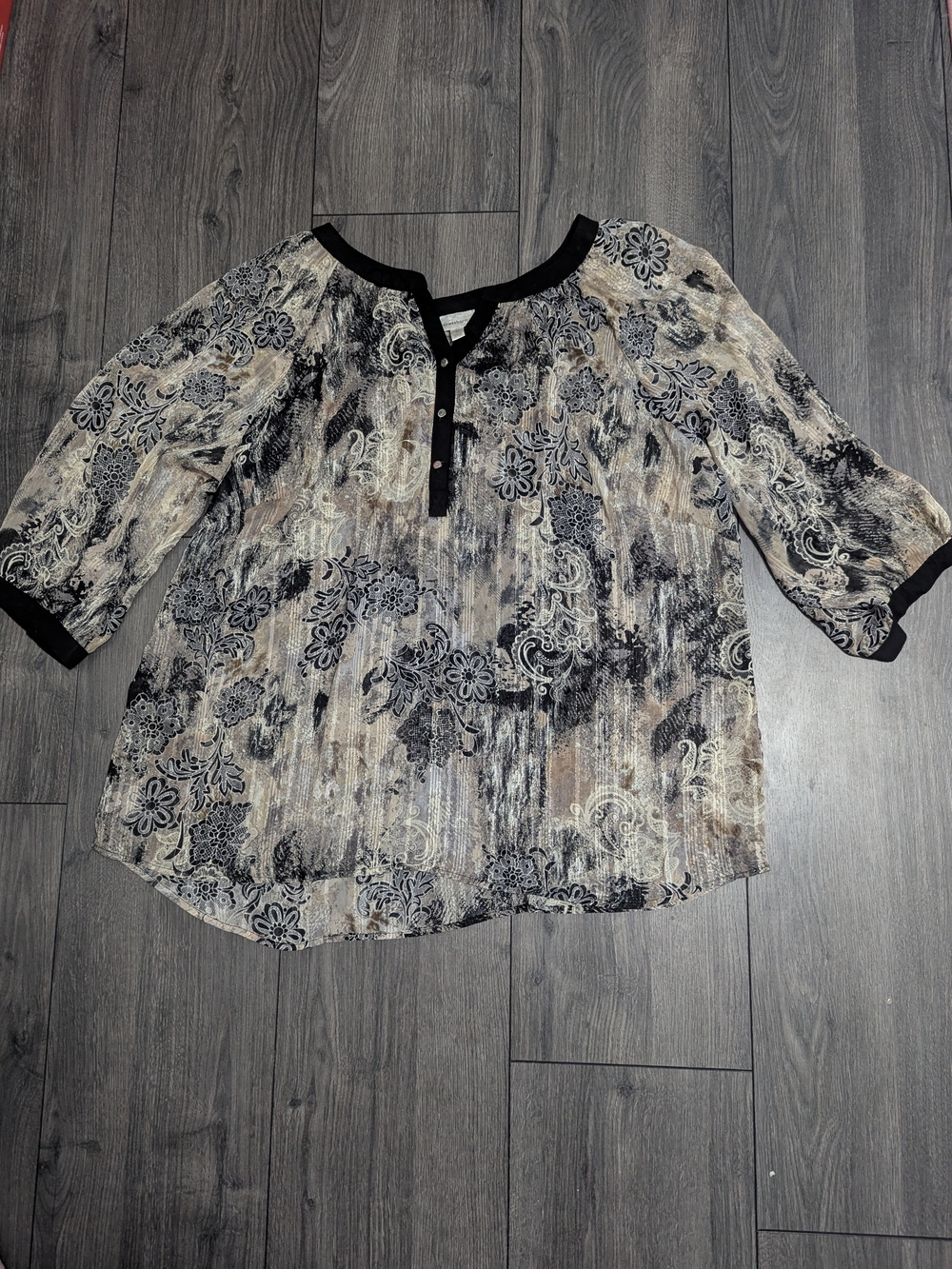 dressbarn Black and Cream Mixed-Print Henley Blouse